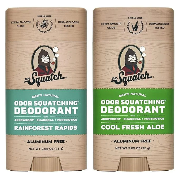 Dr. Squatch Natural Deodorant for Men - Odor-Squatching Aluminum Free - Rainforest Rapids & Cool Fresh Aloe (2.65 oz, 2-Pa...