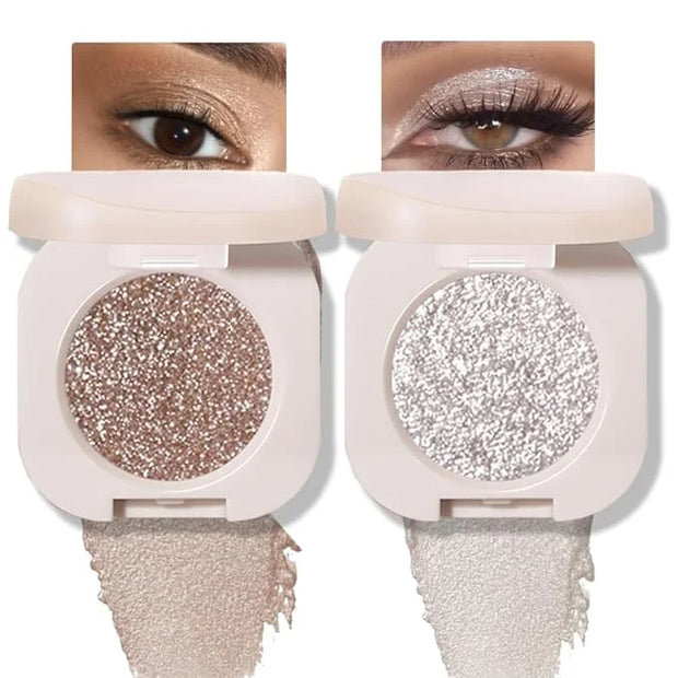 2Pcs Glitter Shimmer Sparkle Eyeshadow Palette Makeup For Old Women, Light Brown&Silver Glitter Shimmer Metallic Holograph...
