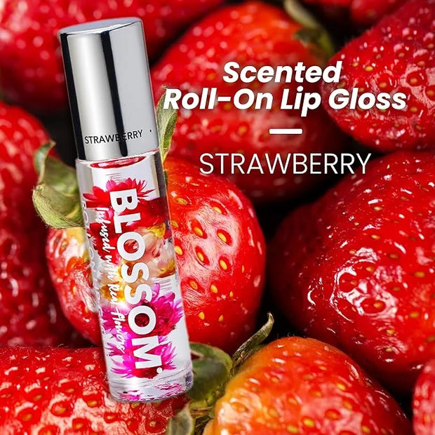 Blossom Roll on Lip Gloss, Scented Clear High Shine Moisturizing Lip Oil, Non Sticky, Infused with Real Flowers, Made in U...