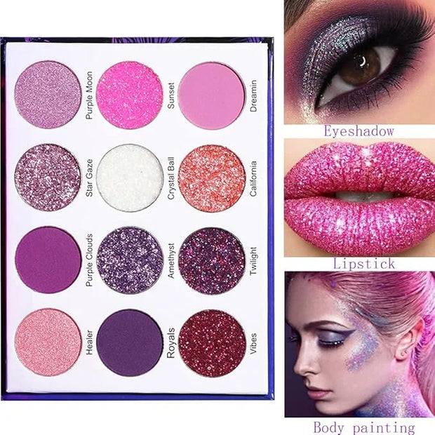 Purple Pink Glitter Eyeshadow Palette - 12 Color Shimmer High Pigmented Powder Lasting Waterproof Colorful Eyeshadow Palet...