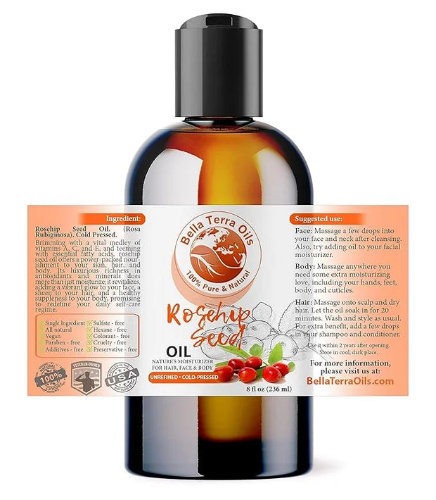 Bella Terra Oils Organic Rosehip Oil for Face, Pure Cold-Pressed Rose Hip Seed Oil for Skin & Hair, Natural Moisturizer & ...