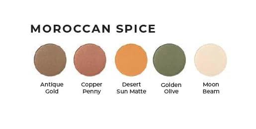Moroccan Spice Shimmer White, Olive Green, Gold, Copper Penny Red, and Light Matte Orange Vegan Eyeshadow Palette; Talc, P...