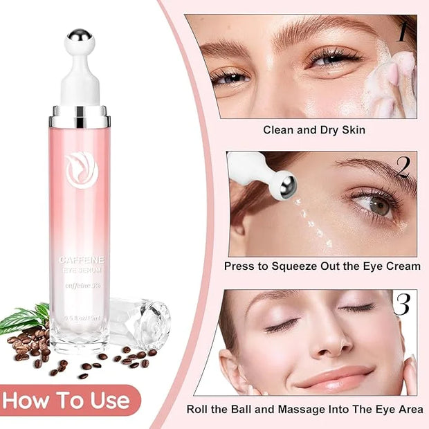 5% Caffeine Eye Serum, Cream with 360°Massage Ball for Dark Circles, Puffiness and Fine Lines, 0.5 fl.oz Under Eye Roller ...