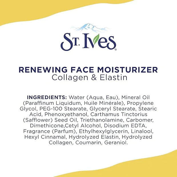 St. Ives Face Moisturizer Cream, Collagen and Elastin, Renewing Facial Moisturizer for Women, Paraben Free, Dermatologist ...