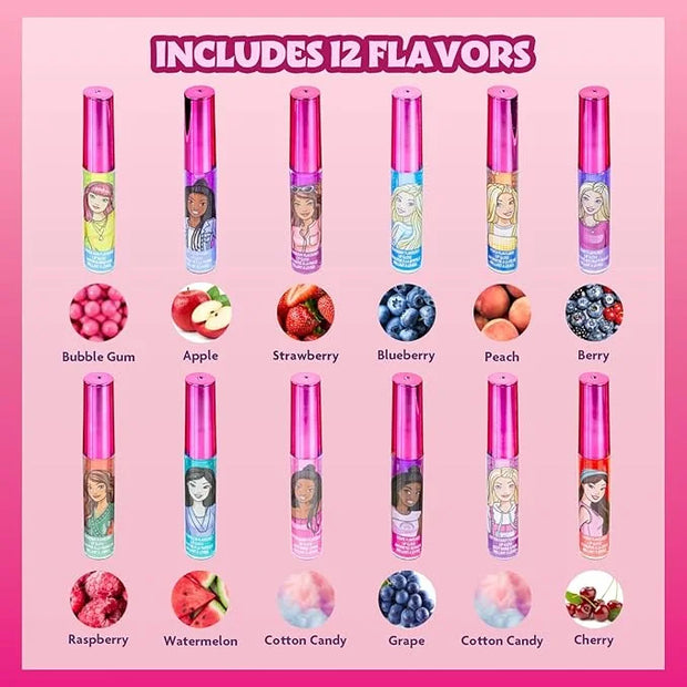 Barbie 12 Piece Plant Based Lip Gloss, Girls Party Favors, First Makeup Set for Girl, Perfect for Parties, Sleepovers, and...