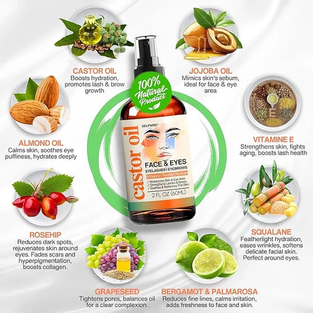 Organic Castor Oil For Face Moisturizer, Eyes, Eyelashes, Eyebrows, Wrinkles with Jojoba, Rosehip, Grapeseed, Squalane, Pa...