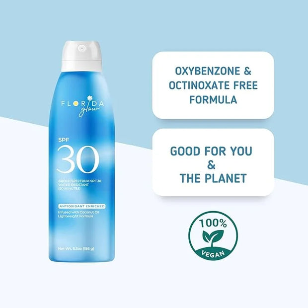 Florida Glow SPF 30 Sunscreen Spray - Hawaii 104 Reef Act & Florida Keys Compliant Broad Spectrum Water Resistant Sport Su...