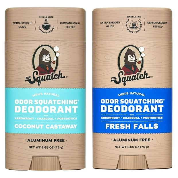 Dr. Squatch Natural Deodorant for Men - Odor-Squatching Aluminum Free - Coconut Castaway & Fresh Falls (2.65 oz, 2-Pack) -...