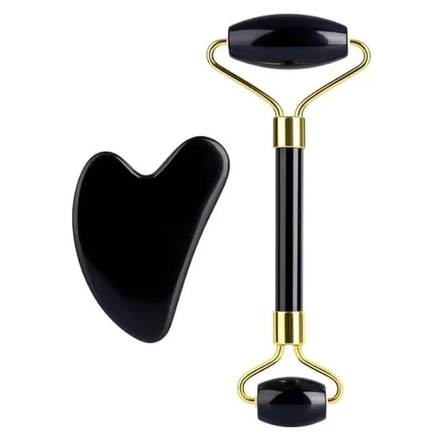 Black Obsidian Jade Facial Roller & Gua Sha Set 100% Natural Source from Highest Altitude of Himalayan Two-Sided Face Neck...