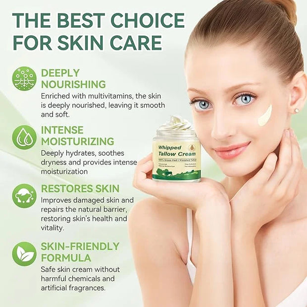 Beef Tallow for Skin, Organic Grass Fed Whipped Beef Tallow Moisturizer Nourishes and Hydrates the Skin, Natural Unscented...
