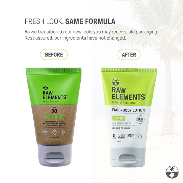 Raw Elements Face and Body Mineral Sunscreen SPF 30 Tube, Organic Sunblock Daily Protection, Non Toxic Reef Safe, Water Re...