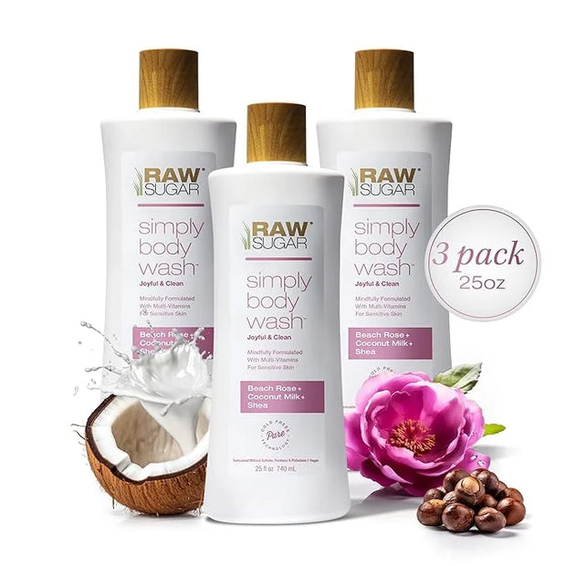 RAW SUGAR Simply Body Wash, Beach Rose + Coconut Milk + Shea (25 Fl Oz, Pack of 3) Sensitive Skin Bath Soap, Formulated wi...