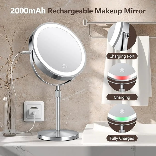 10x Large Lighted Makeup Mirror, Rechargeable 8" Height Adjustable Vanity Mirror, 1x/10x Magnifying Mirror with 3 Color, B...
