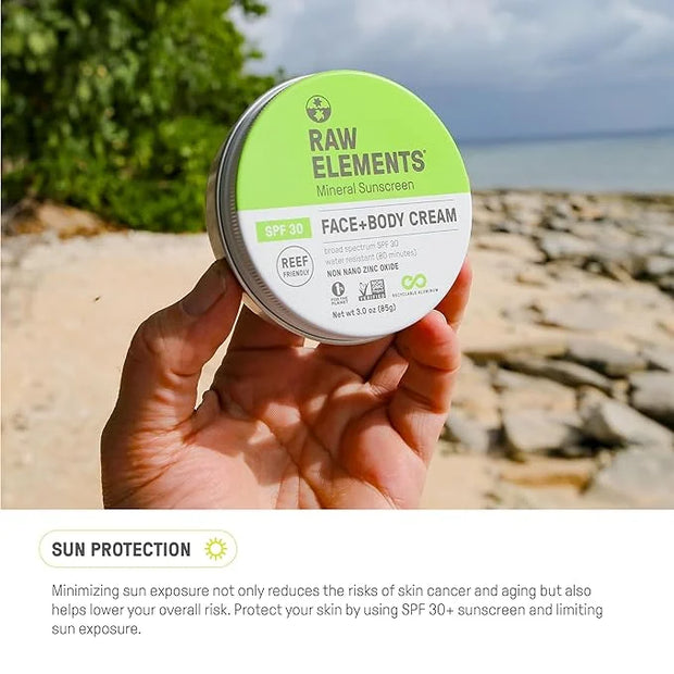 Raw Elements Face and Body Mineral Sunscreen SPF 30 Tin, Organic Sunblock Daily Protection, Non Toxic Reef Safe, Water Res...