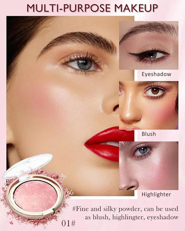 Baked Blush, Lighting Glow Marbleized Blush Powder Palette, Cruelty-Free Powder Blusher, Eyeshadow & Highlight for a Light...