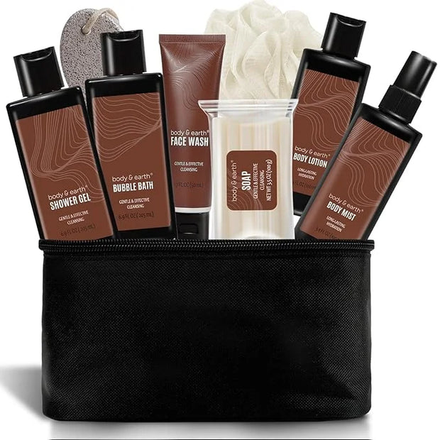 Bath and Body Gift Baskets for Men Body & Earth Sandalwood Mens Bath Set with Body Lotion, Face Wash, Shower Gel, Bubble B...