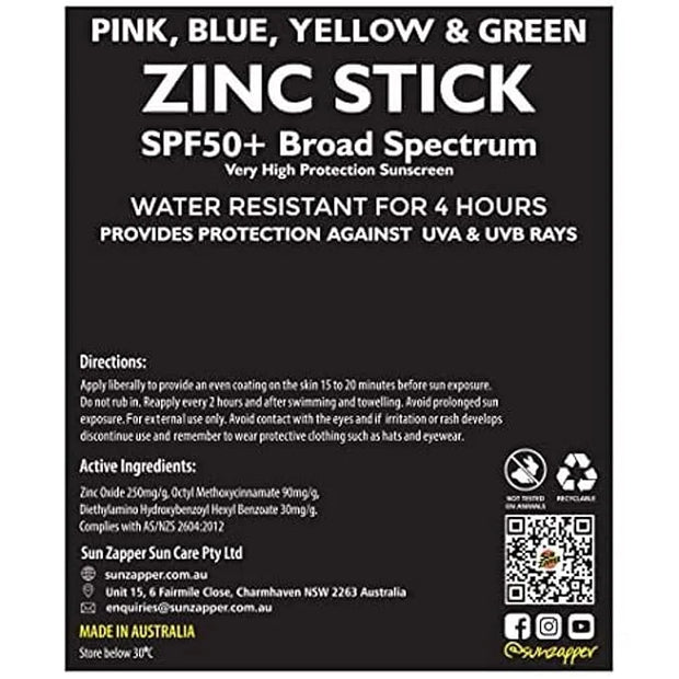 Sun Zapper Zinc Oxide Mineral Sunscreen Stick (Pink, Blue, Green, Yellow) SPF 50+ Water Resistant for Face & Body, Adults,...