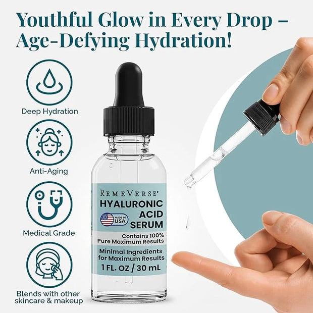 RemeVerse Hyaluronic Acid Serum - 100% Pure Formulation for Face, Lips & Décolleté - Intense Moisture for Dry Skin & Fine ...