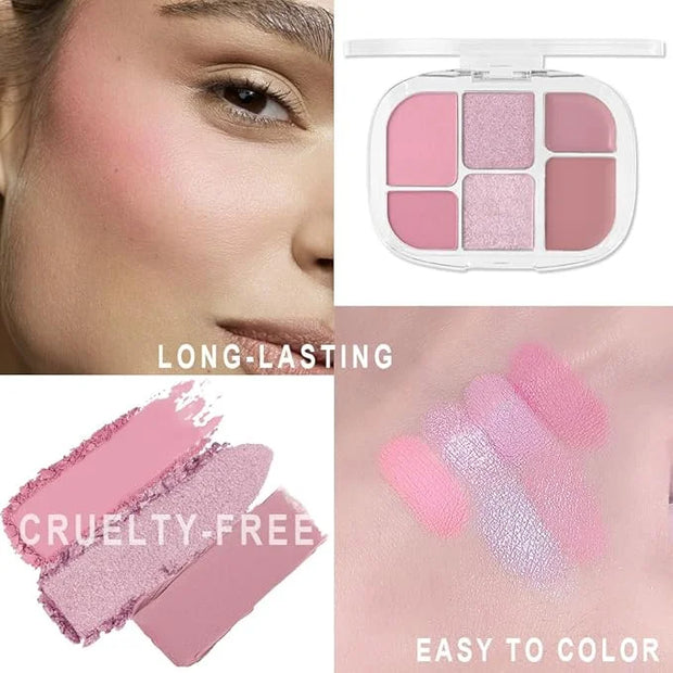 6-in-1 Cream & Powder Makeup Palette for Old Women – Blush, Highlighter & Eyeshadow, Matte & Shimmer Finish, Rose Nude Ton...