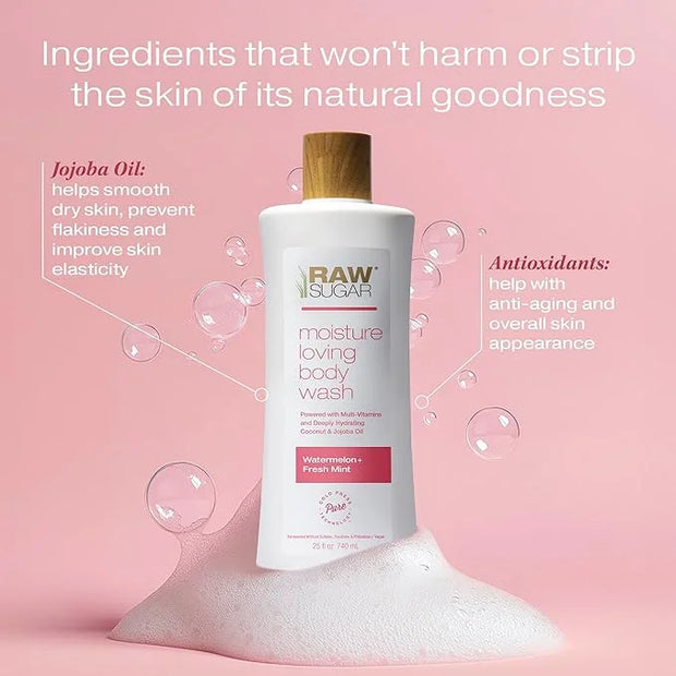RAW SUGAR Moisture Loving Body Wash - Watermelon + Fresh Mint, Moisturizing & Refreshing Bath & Shower Gel, Sulfate-Free, ...