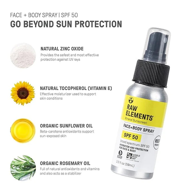Raw Elements Face + Body Spray SPF 50 All-Natural Mineral Sunscreen - Reef Safe, Water Resistant, Broad Spectrum UVA/UVB P...