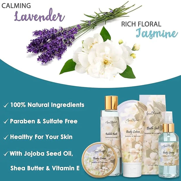 Spa Gift Baskets For Women - Luxury Bath Set With Jasmine & Lavender - Spa Kit Includes Body Wash, Bubble Bath, Lotion, Ba...