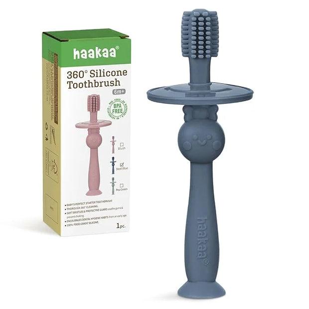 haakaa 360° Baby Toothbrush with Suction Base - Gentle Cleaning for Infant Self-Brushing Training, Food-Grade Silicone, Ad...
