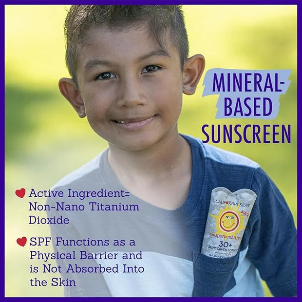 California Kids Super Sensitive SPF 30+ Sunscreen Lotion | Broad Spectrum | Titanium Dioxide | Unscented Hypoallergenic Mi...
