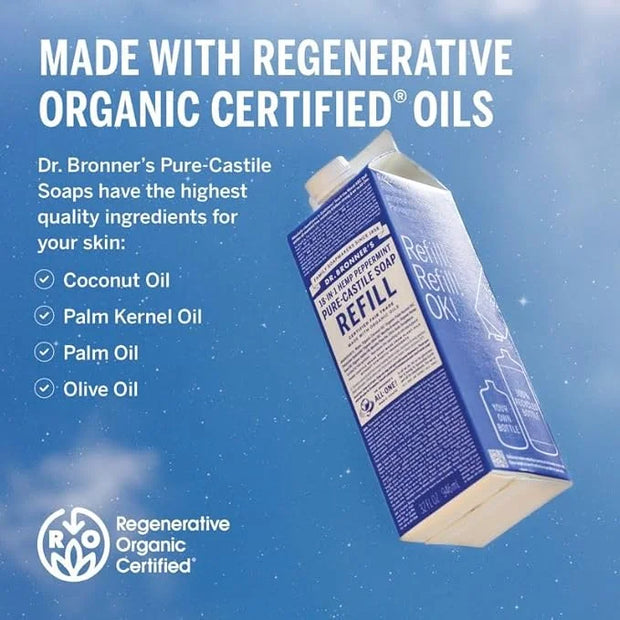 Dr. Bronner's Pure-Castile Liquid Soap Bottle & Refill Carton - Made with Regenerative Organic Certified Oils, 82% Less Pl...