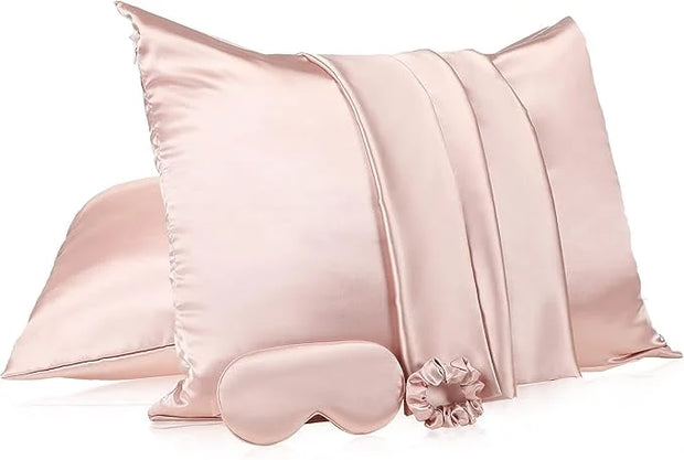 2 Pack Satin Pillowcase with Latent Zipper, Adjustable Satin Eye Mask for Sleeping and Satin Volume Scrunchie for Hair and...