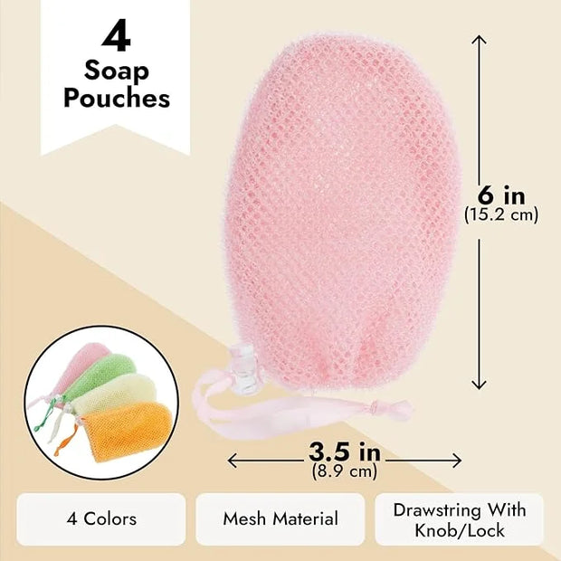 Juvale Soap Savers for Bar Soap with Drawstring Closure, Mesh Pouch for Exfoliating (4 Colors, 3.5 x 6 Inch) 4 Pack - Prod...