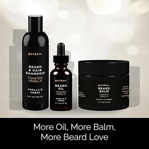 Golden Grooming Co. Everyday Beard Bundle – Complete Beard Care Set | Includes Beard Oil, Balm & Shampoo (XL, Toasted Vani...