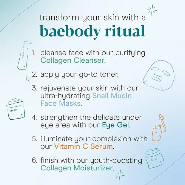 Baebody Snail Mucin Face Sheet Mask (6 pcs) - Anti Aging and Moisturizing Face Mask with Hyaluronic Acid - Deep Hydration ...