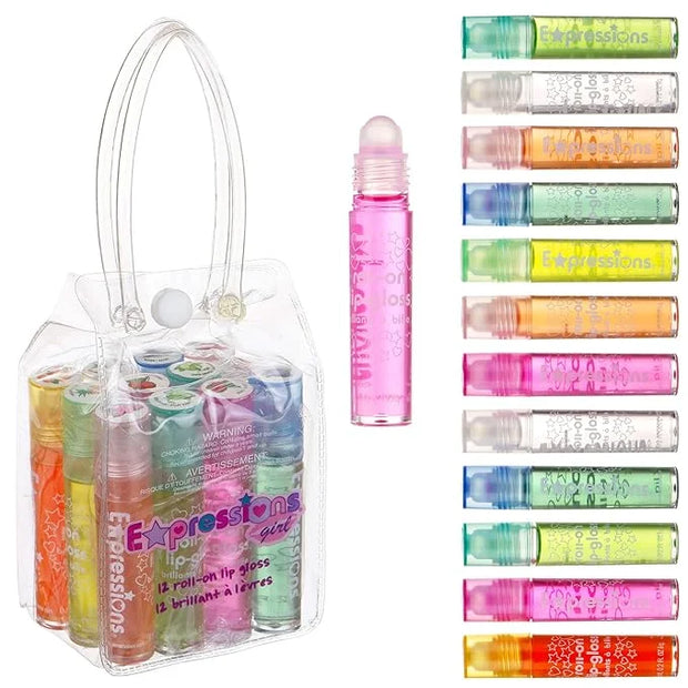 Expressions girl 12pc Roll On Lip Gloss Set with Carrying Case, Glossy Lip Make-up for Kids and Teens - Fruity Flavors, No...