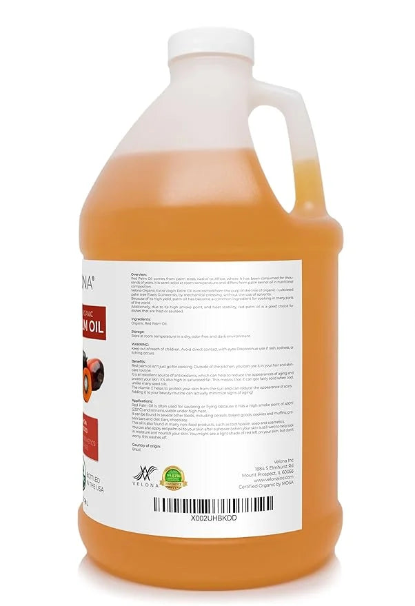 velona USDA Certified Organic Red Palm Oil 1 Gallon / 128 Fl Oz | Food and Cosmetic Grade | in jar | Extra Virgin, Cold Pr...