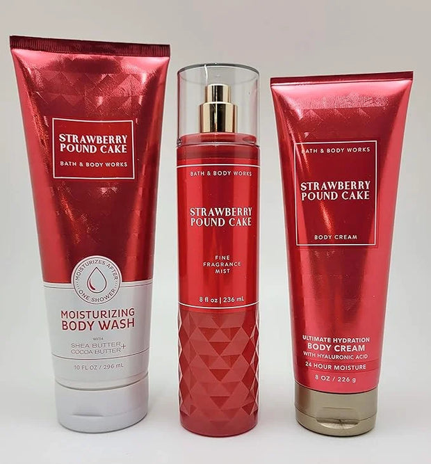 Bath & Body Works - Strawberry Pound Cake - Bundle -3 items - Moisturizing Body Wash, Ultimate Hydration Body Cream and Fi...