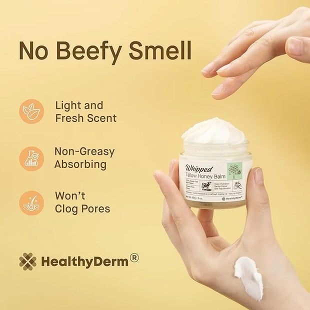 Beef Tallow Honey Balm for Skin: 100% Grass Fed Whipped Organic Moisturizer with Organic Raw Honey, Jojoba Oil, Vitamin E ...