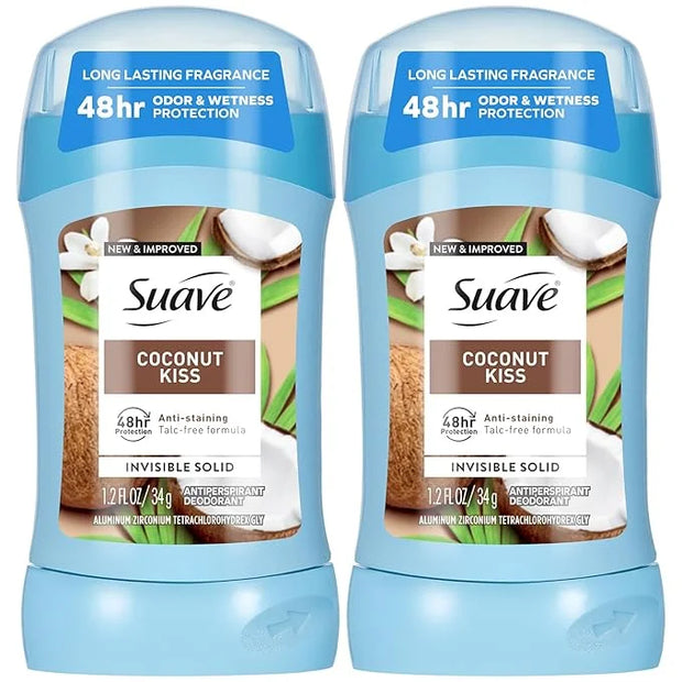 Suave Antiperspirant Deodorant for Women, Coconut Kiss 2-Pack – Anti-Staining Invisible Solid Sticks, Talc-Free, 1.2 Oz Ea...