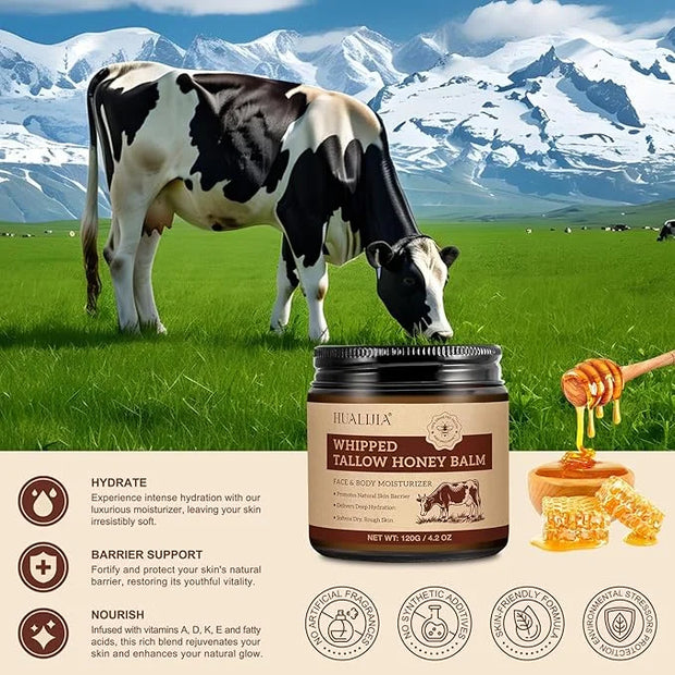 Organic Beef Tallow for Skin, Tallow Face Moisturizer, Tallow and Honey Balm, Grass-Fed Whipped Beef Tallow and Honey Crea...