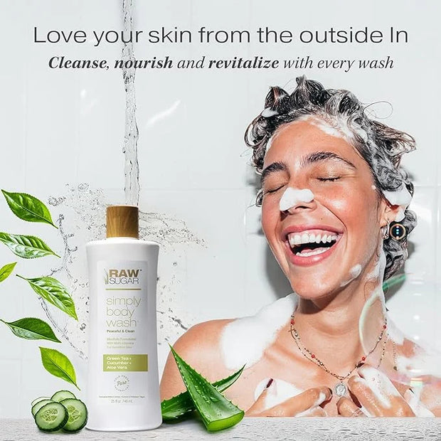 RAW SUGAR Sensitive Skin Simply Body Wash - Green Tea + Cucumber + Aloe Vera, Moisturizing & Brightening Bath & Shower Gel...
