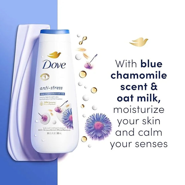 Dove Body Wash Anti-Stress Blue Chamomile & Oat Milk 4 Count for Renewed, Healthy-Looking Skin Moisturizing Gentle Skin Cl...