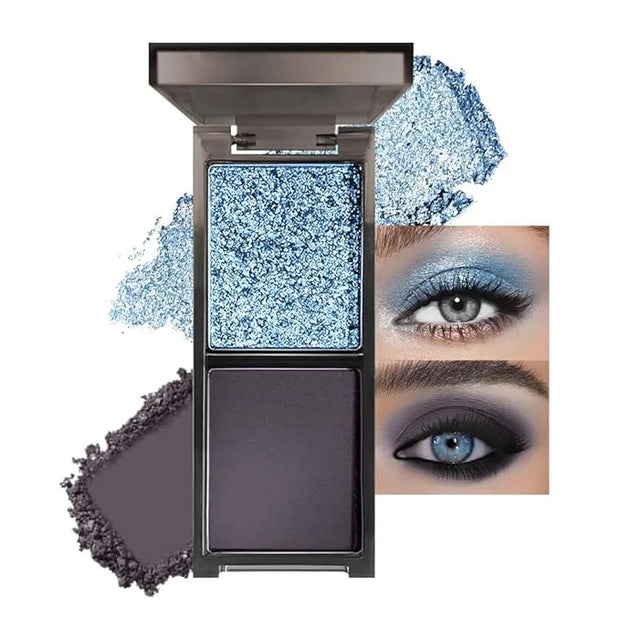 Blue Black Two Color Matte Shimmer Glitter Eyeshadow,Bright High Pigment Eye Shadow Powder,Professional Long-Lasting Water...