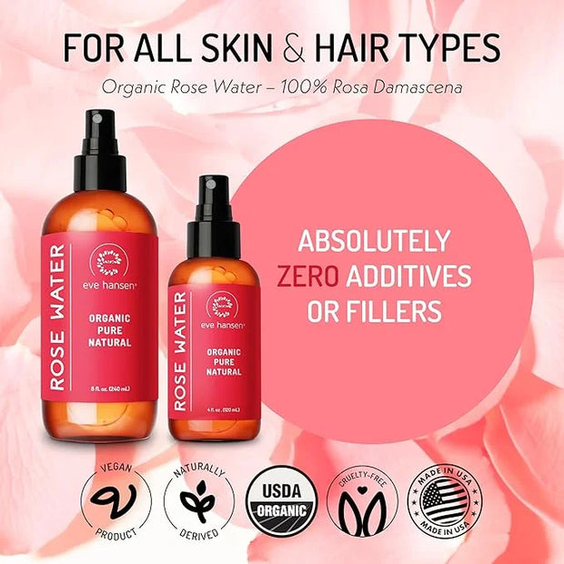 Eve Hansen Skincare Duo: Organic Rose Water Spray (8 oz) & Collagen Face Mask Sheets (Set of 5) – Hydrating & Soothing Car...