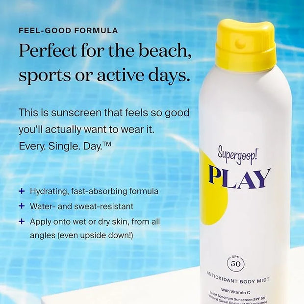 Supergoop! PLAY Antioxidant Body Mist w/ Vitamin C, 3 fl oz - SPF 50 PA++++ Broad Spectrum Sunscreen - Body Spray for Sens...