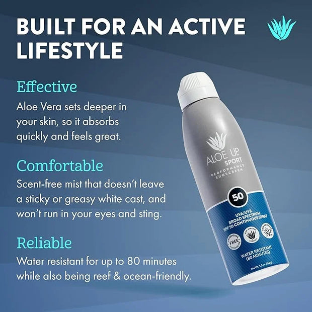 Aloe Up Sport Continuous Spray Sunscreen SPF 50- Broad Spectrum UVA/UVB Sunscreen Protector for Face and Body With Aloe Ve...
