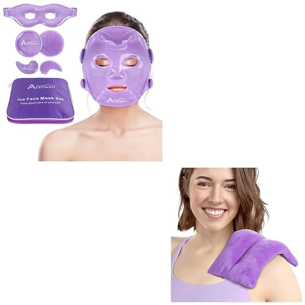 Atsuwell Cooling Ice Face Eye Mask Set for Dark Circles and Puffiness, 6 x 11 Heating Pad Microwavable for Cramps, Neck an...