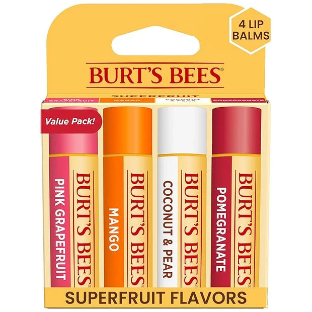 Burt's Bees Lip Balm - Pink Grapefruit, Mango, Coconut & Pear, and Pomegranate Pack, Lip Moisturizer With Beeswax, Tint-Fr...