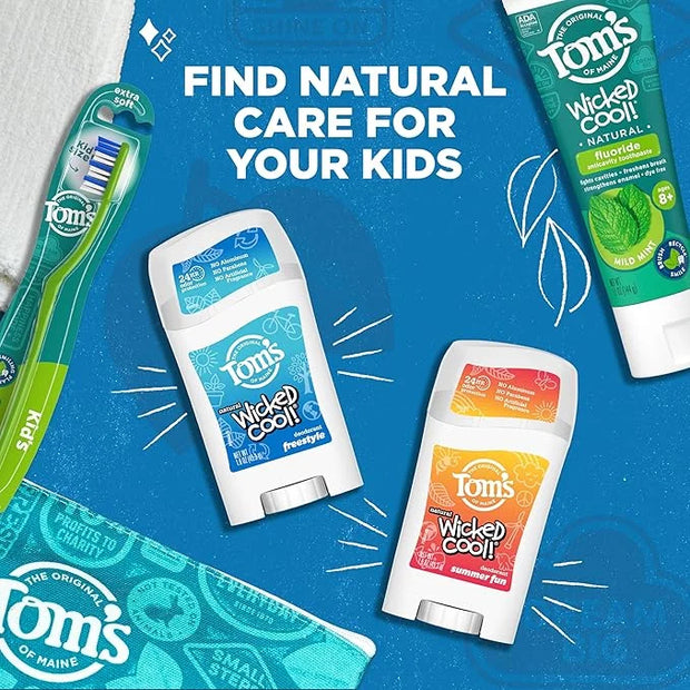 Tom's of Maine Aluminum-Free Wicked Cool! Natural Deodorant for Kids, Summer Fun, 1.6 oz. (Pack of 3) (Packaging May Vary)...