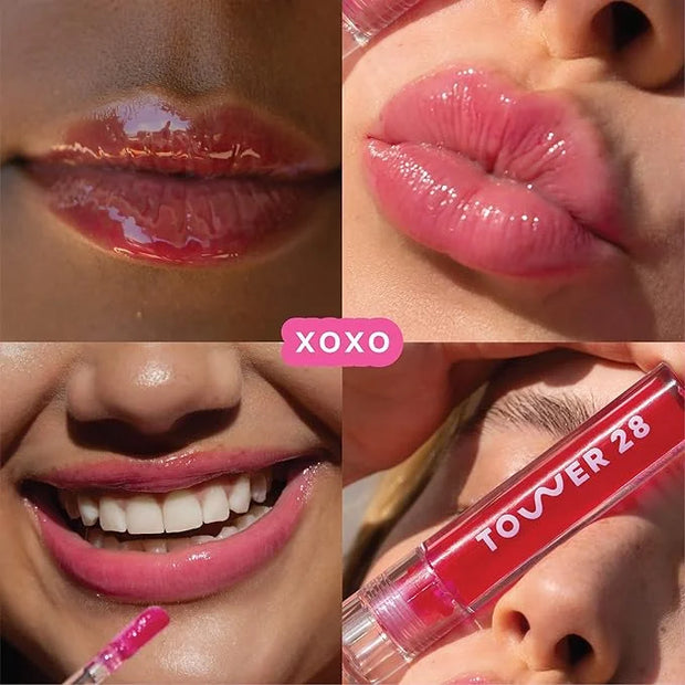 Tower 28 ShineOn Lip Jelly, XOXO, Non-Sticky, Hydrating Vegan Lip Gloss in Sheer Pink, Moisturizing Apricot and Raspberry ...