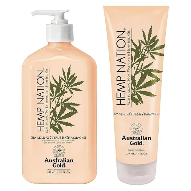 Australian Gold Hemp Nation Sparkling Citrus & Champagne Bundle - Tan Extender Body Lotion (18 FL Oz) & Body Wash (8 FL Oz...